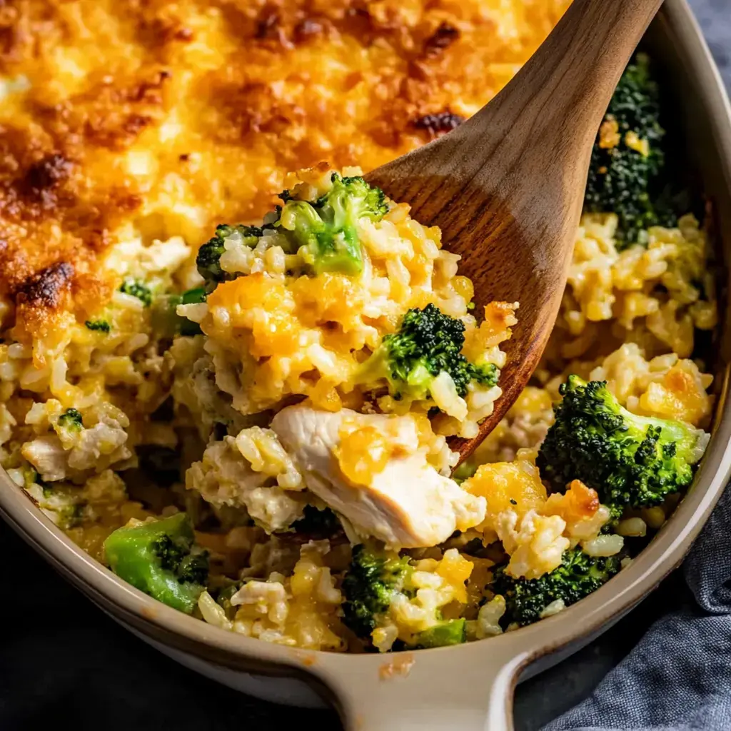 Una cuchara de madera sirve una porción cremosa de pollo con arroz y brócoli gratinado, todo cubierto con una capa crujiente y dorada, directo de una bandeja para hornear.