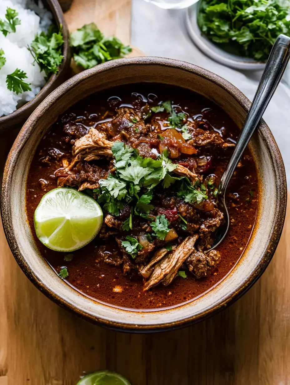 Un plato hondo lleno de birria con carne deshebrada, cilantro fresco y una rodaja de limón, junto a un tazón de arroz blanco.