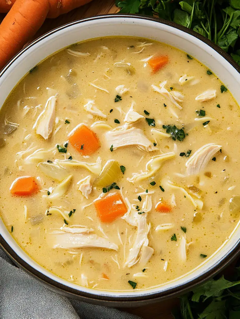 Un bol de sopa cremosa de pollo con pollo desmenuzado, zanahoria y apio, decorada con perejil, y rodeada de zanahorias frescas y hierbas.
