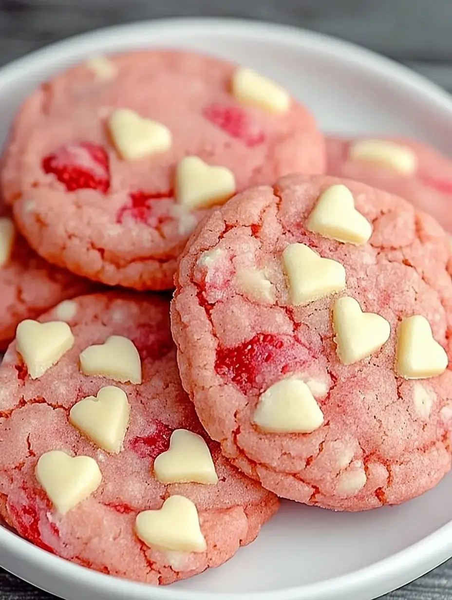 Plato de galletas rosas con corazones de chocolate blanco y trozos de fresa.