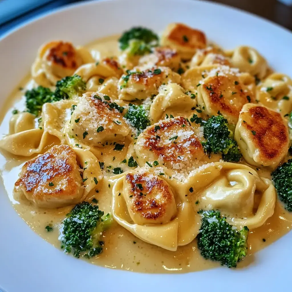 Un plato de pasta cremosa con tortellini, trozos salteados de pollo y brócoli, decorado con hierbas frescas y queso rallado.