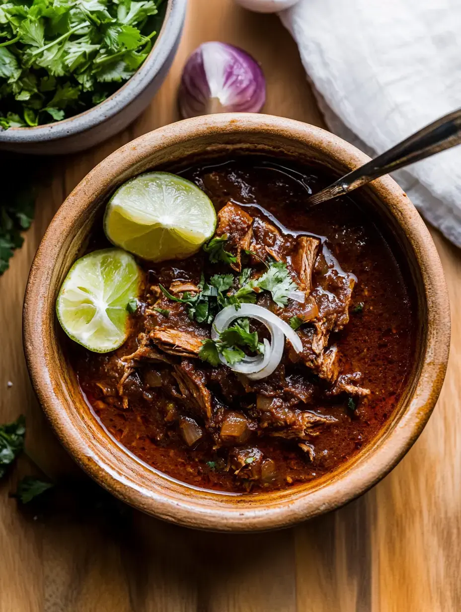 Un tazón con birria decorado con limones partidos, cilantro fresco y cebolla, acompañado de más cilantro y un echalote a un lado.