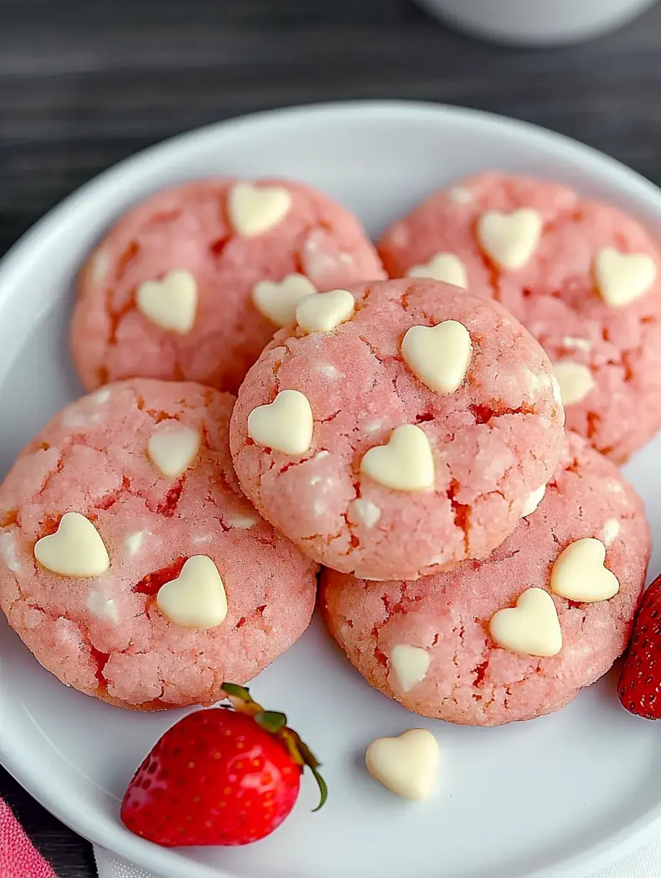 Plato de galletas rosadas decoradas con corazones de chocolate blanco y fresas frescas.