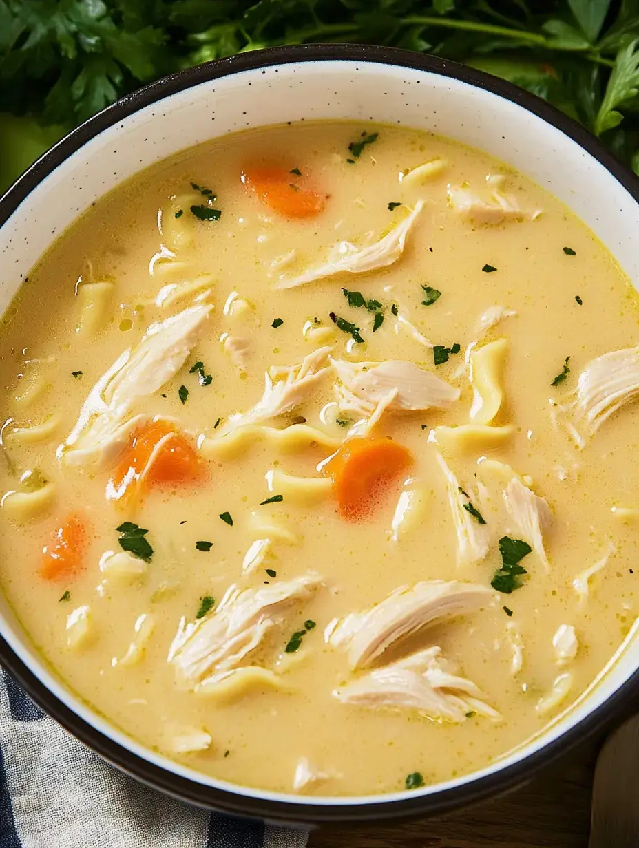 Un plato de sopa de pollo con fideos, pollo desmenuzado, zanahoria, fideos y perejil en caldo cremoso.