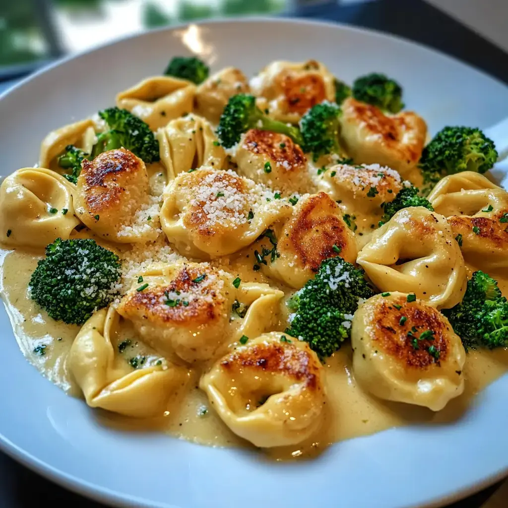 Un plato de tortellini doraditos con brócoli y salsa cremosa, decorado con queso rallado y toques de hierbas frescas.