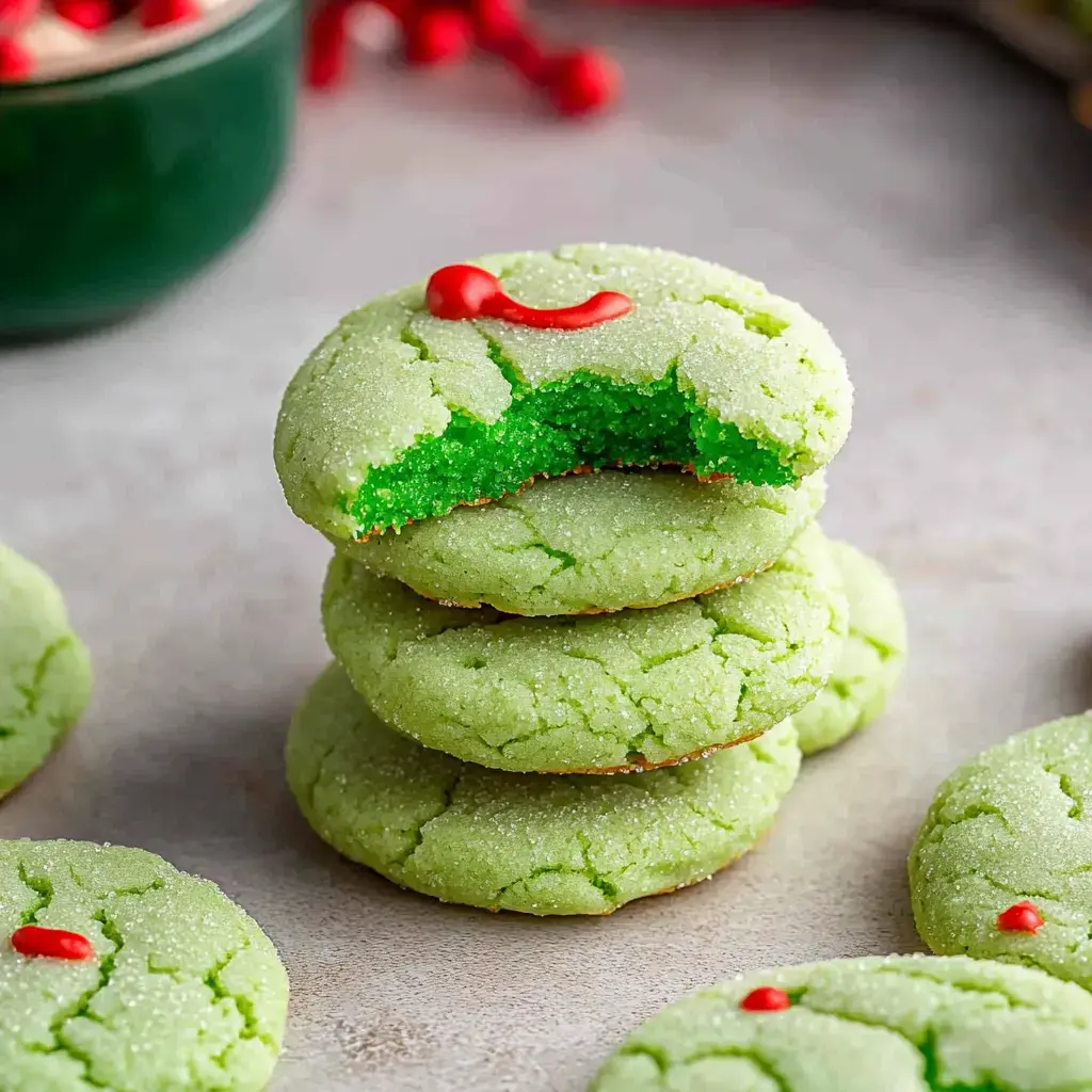 Una torre de galletas verdes brillantes, una de ellas con un mordisco, cubiertas con glaseado rojo, sobre una mesa clara con más galletas y adornos festivos al fondo.
