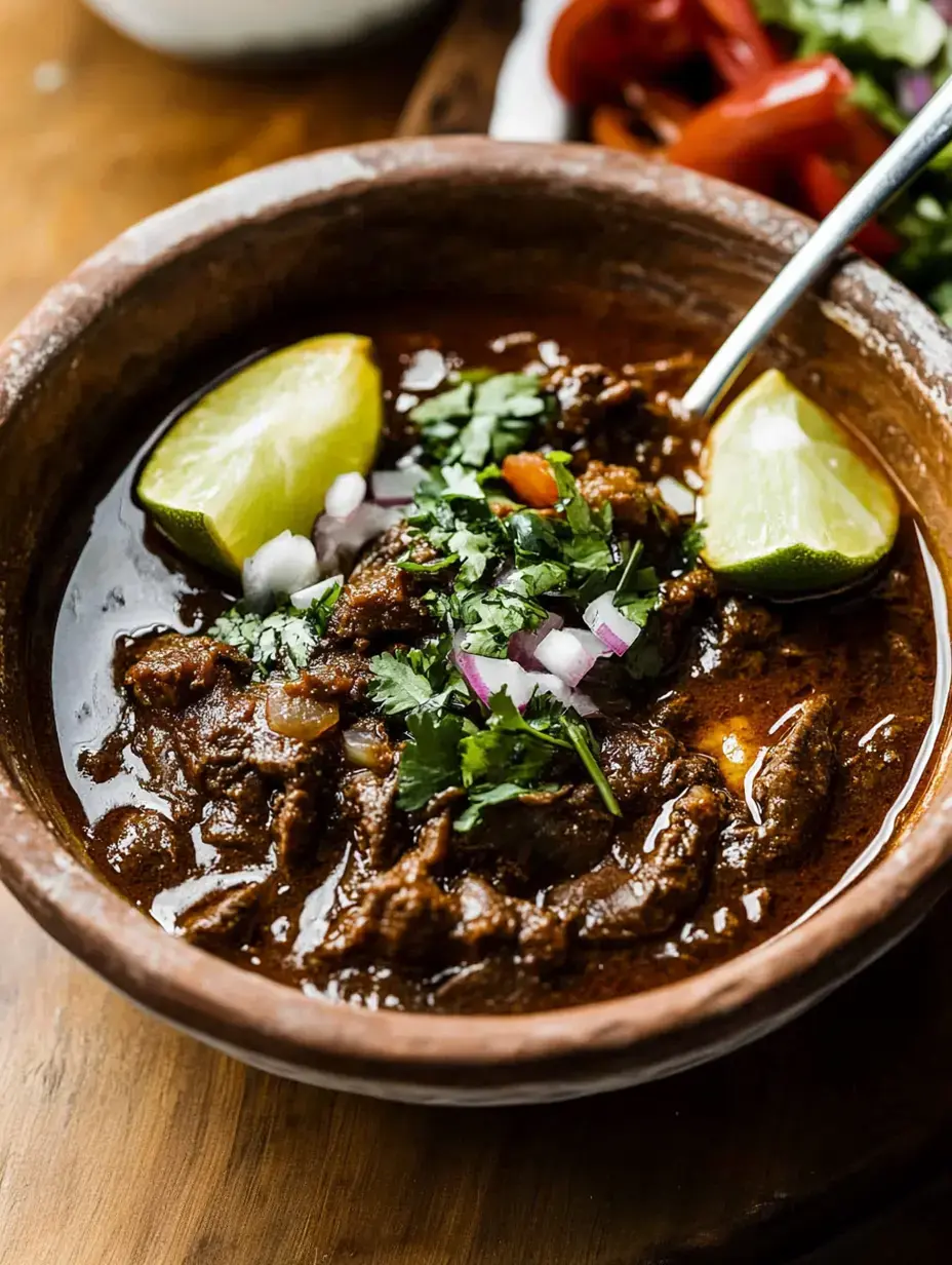 Un plato de barro con birria espesa y oscura, cubierto con cilantro, cebollita picada y limones partidos.