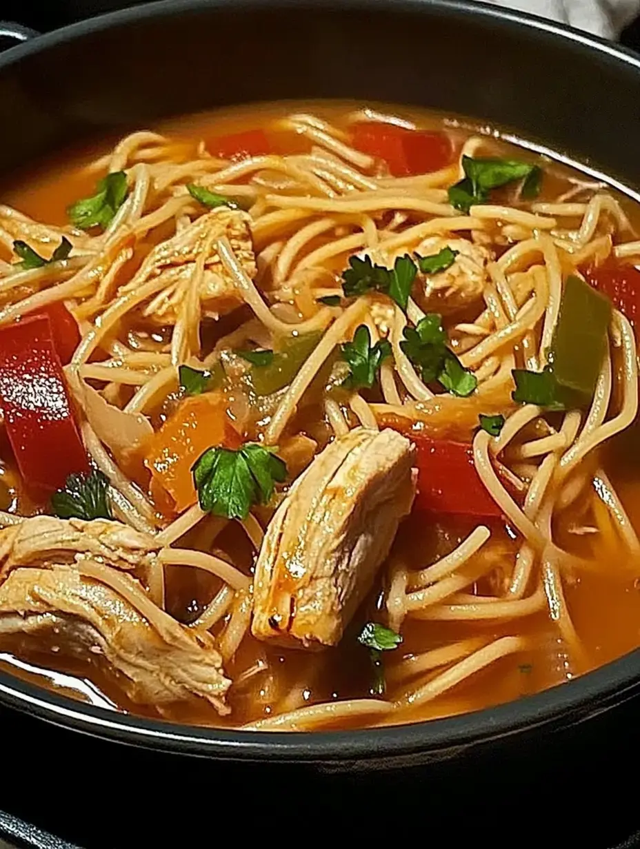 Un plato con sopa de fideo, trozos de pollo, verduras y perejil fresco.