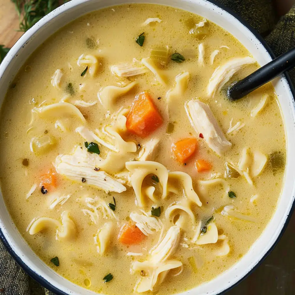 Un bol de sopa de pollo con fideos, pollo desmenuzado, zanahoria y hierbas en caldo suave.