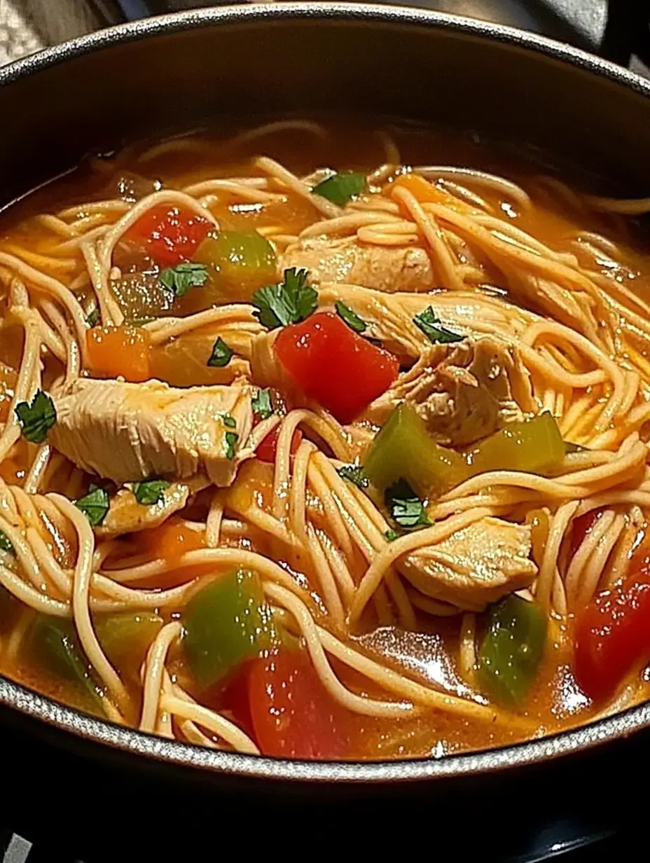 Un cuenco con sopa de fideo, con pollo desmenuzado, pimientos de colores y cilantro fresco.