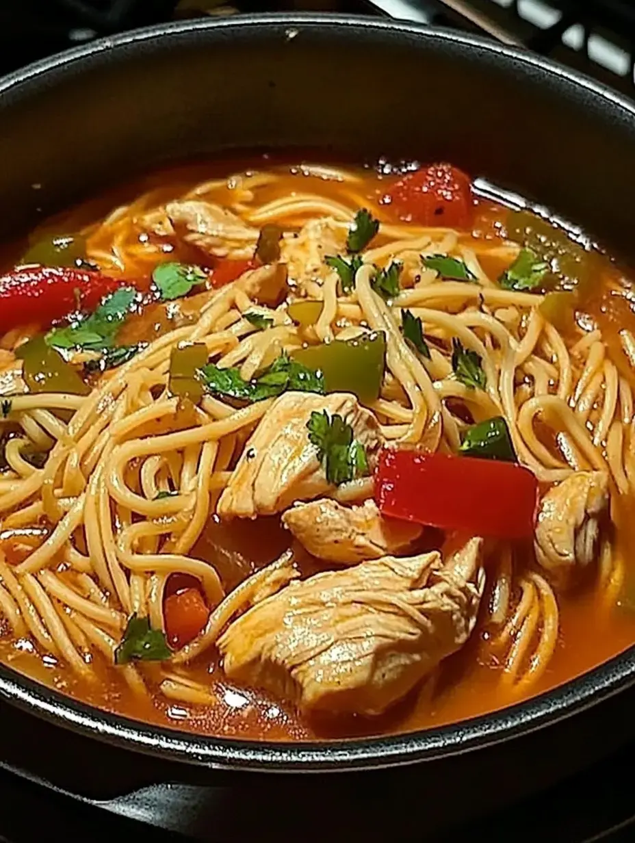 Sopa de fideo con pollo y verduras burbujeando en el caldo, decorada con cilantro.