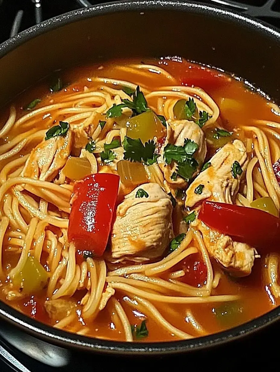 Vista de cerca de una olla con sopa de pollo y fideo, trozos de verduras y cilantro encima.