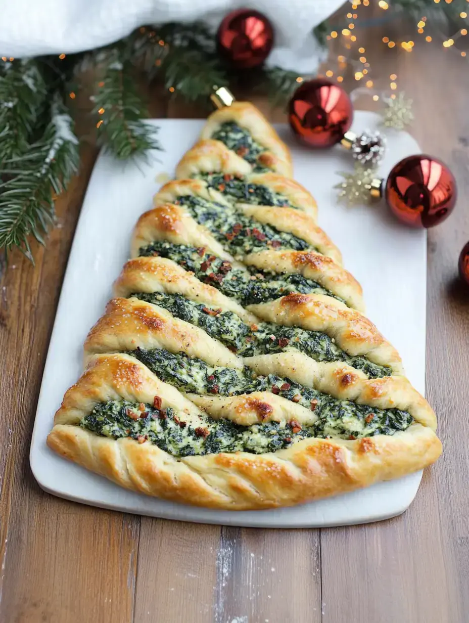 Una masa trenzada con forma de árbol navideño, rellena de espinaca y queso, servida en una bandeja blanca rodeada de adornos festivos.