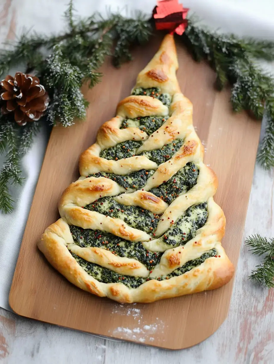 Un pan decorado con forma de árbol navideño, relleno de mezcla verde de hierbas y espolvoreado con toppings coloridos, presentado en una tabla de madera con adornos navideños.