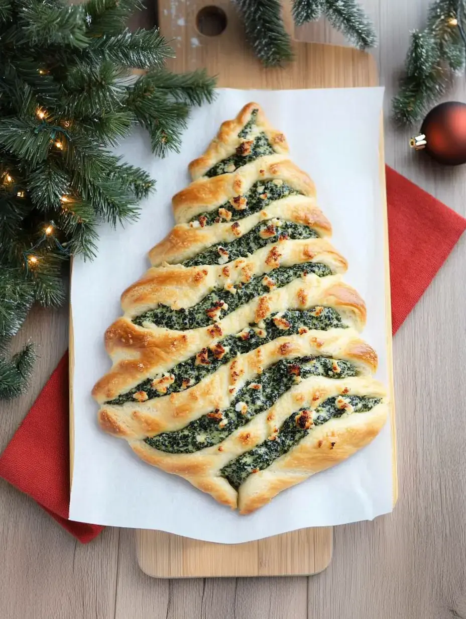 Un pan bellamente formado en modo de árbol de Navidad, relleno de espinaca y queso, servido sobre una tabla de madera junto a decoraciones navideñas.