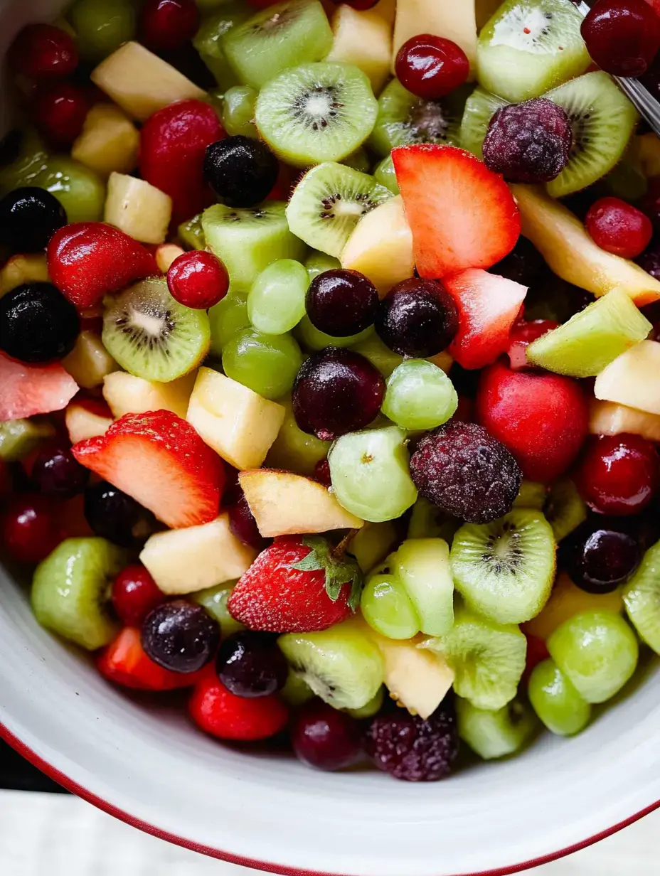 Una ensalada de frutas llena de color con fresas, kiwi, uvas verdes, uvas moradas y más frutas frescas.