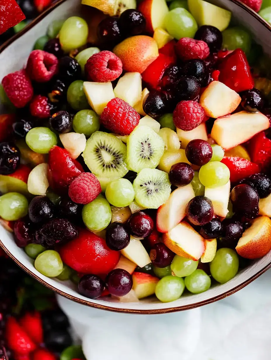 Un bol vibrante de frutas variadas con frambuesas, uvas, kiwi, fresas y trozos de manzana.