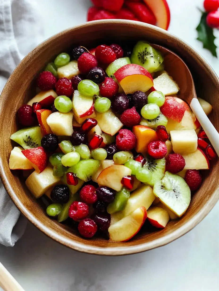 Un bol de madera lleno de frutas frescas coloridas como manzana, uvas, frambuesas, kiwi y granada.