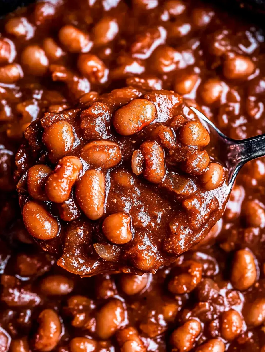 Un primer plano de una cuchara llena de frijoles cocidos en una salsa marrón espesa, sobre una olla con más frijoles.