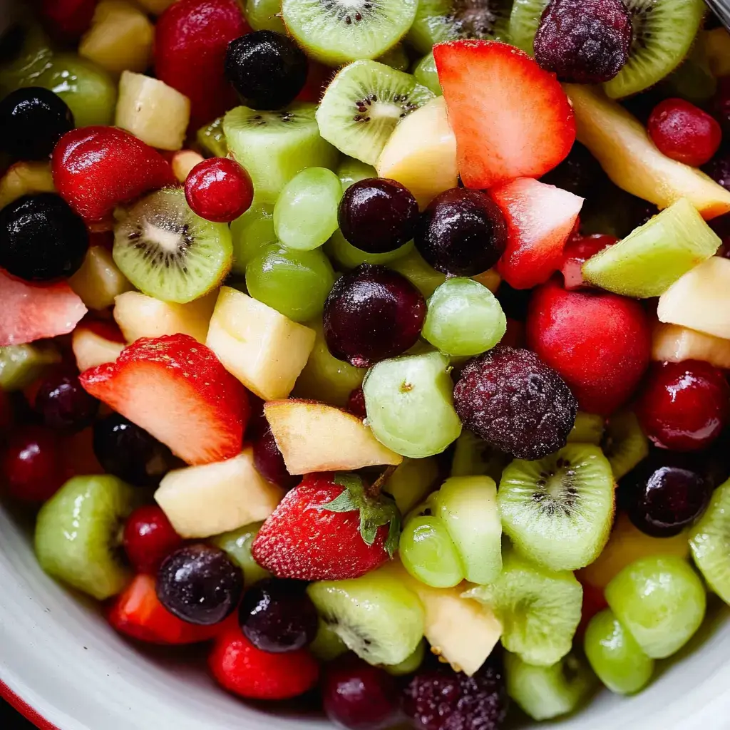 Una mezcla de frutas frescas con fresas, uvas, kiwi, manzana y melón en un bol.