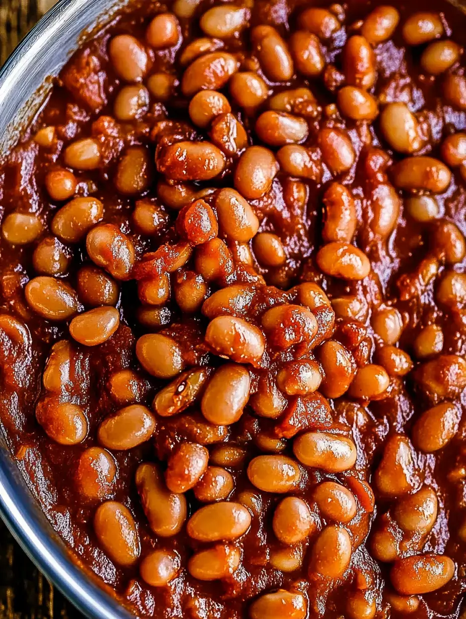 Vista cercana de frijoles cocidos con una salsa densa y brillante en un bol de acero inoxidable.