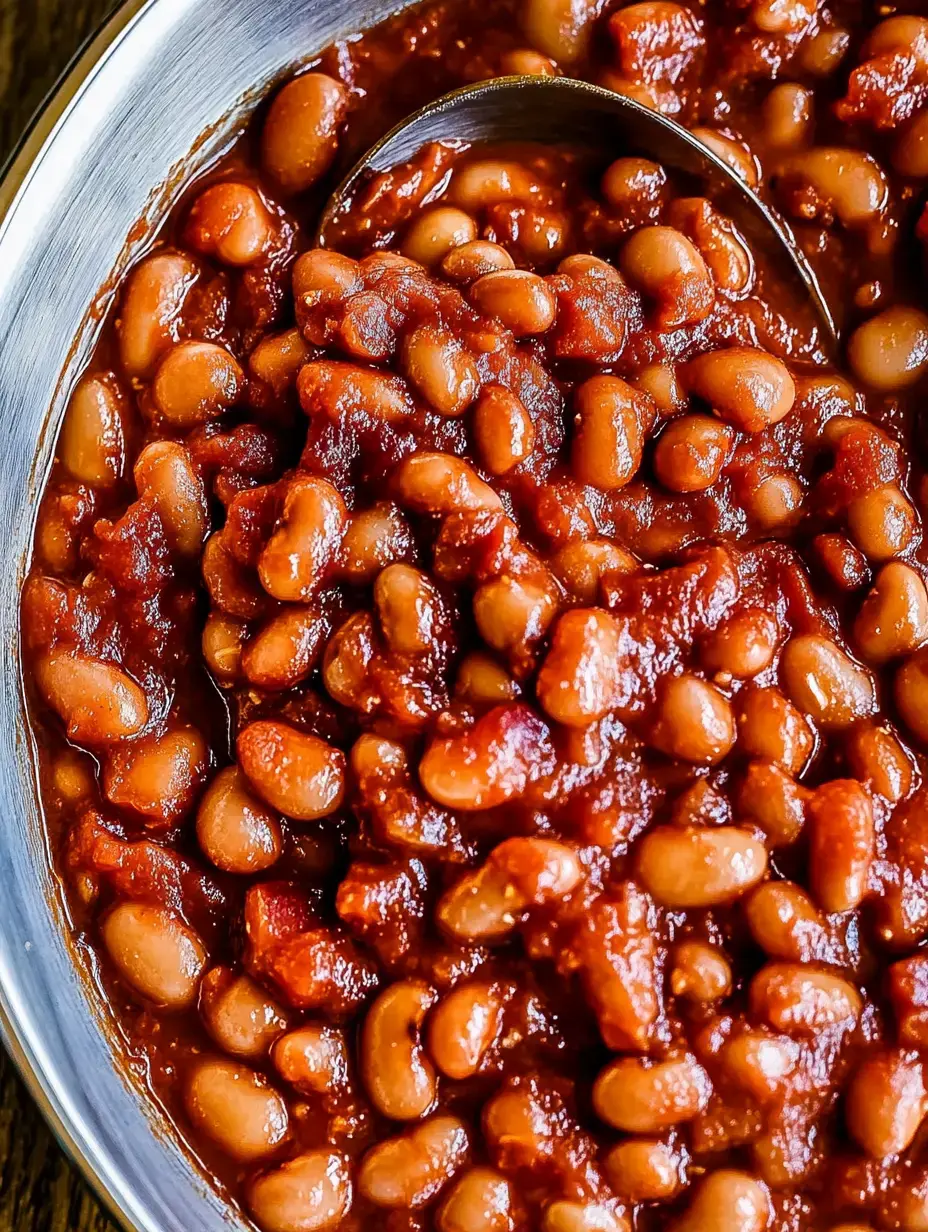 Vista cercana de un bol plateado lleno de frijoles en salsa espesa, con una cuchara dentro.