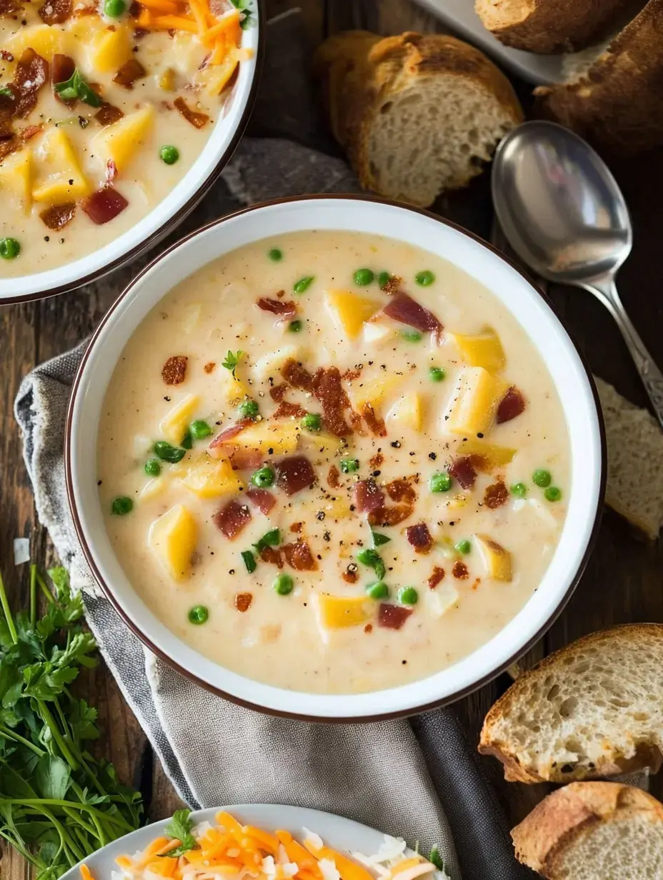 Un bol de sopa cremosa con dados de jamón, guisantes y queso, acompañado de rebanadas de pan.