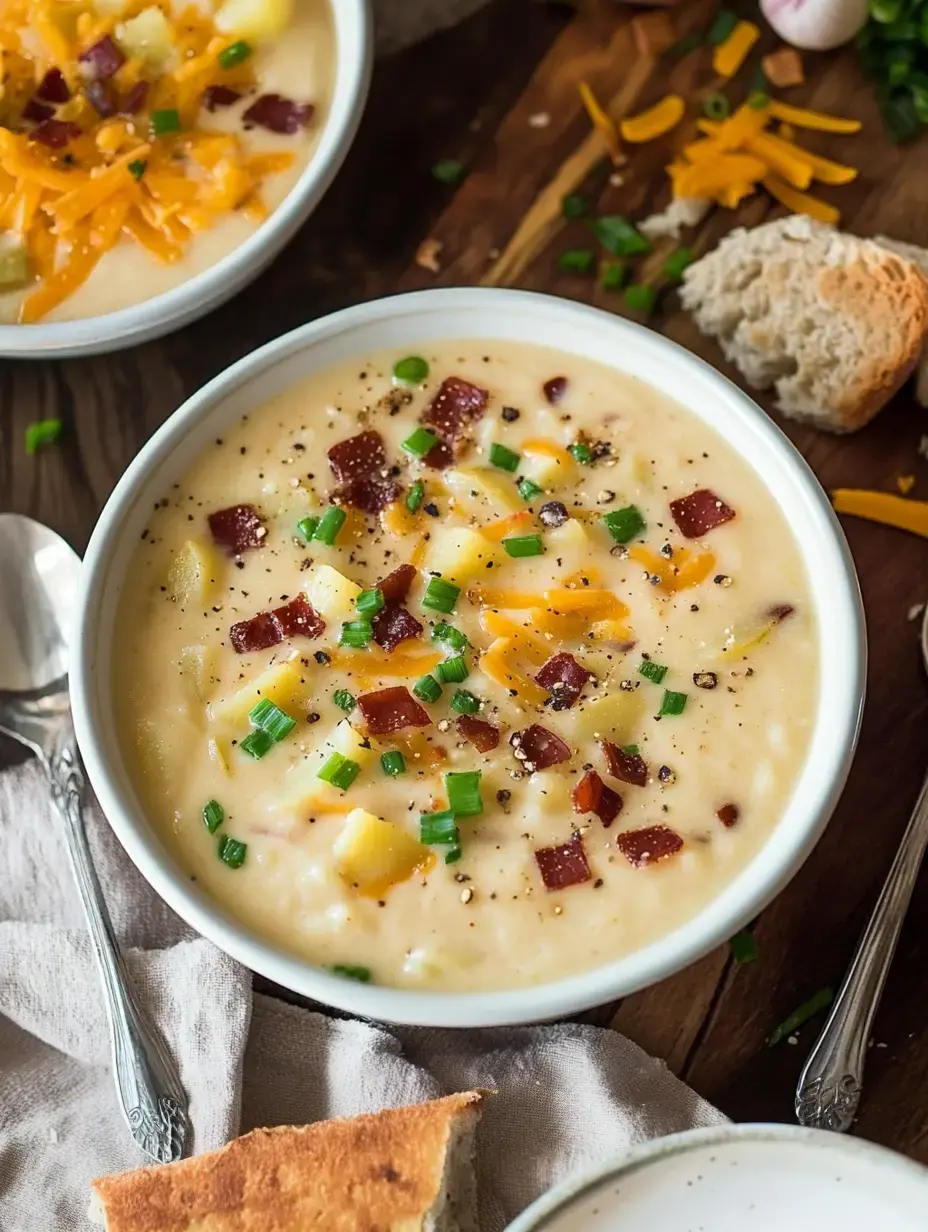 Detalle de dos platos de sopa cremosa de patata con queso, bacon y cebollino, pan y algunos ingredientes sobre madera.
