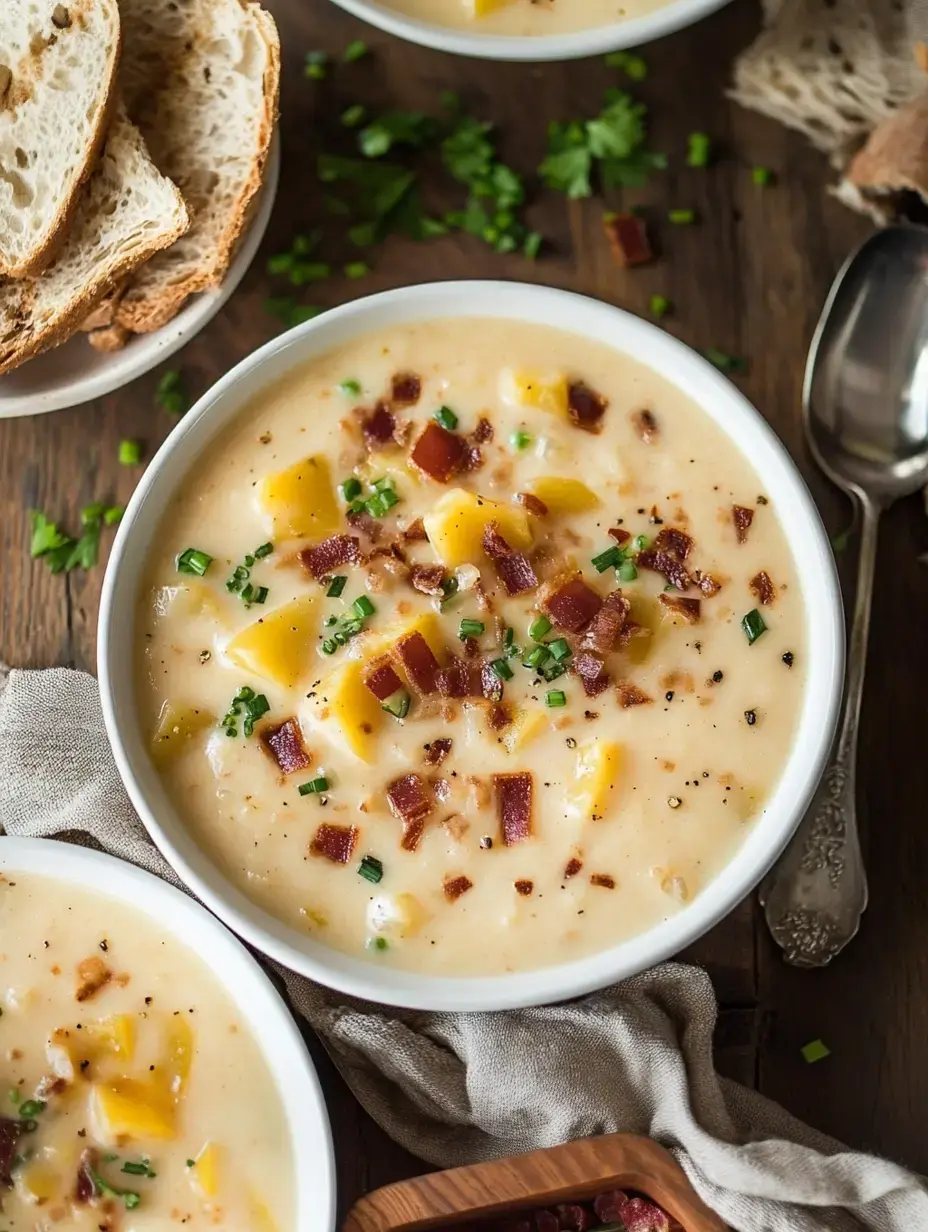 Un bol de sopa cremosa con dados de patata, bacon y cebollino, y rebanadas de pan sobre la mesa.