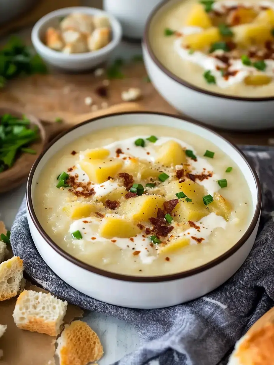 Un bol de sopa cremosa con dados de patata, nata ácida, trocitos de bacon y cebollino, con pan y hierbas alrededor.