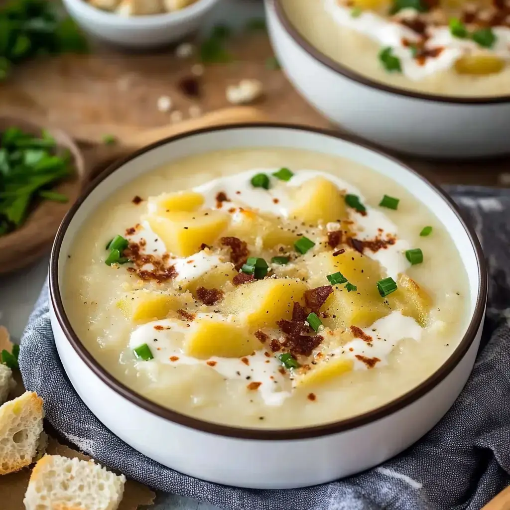 Un cuenco de sopa cremosa de patata con nata ácida, bacon y cebollino, acompañado de pan al lado.