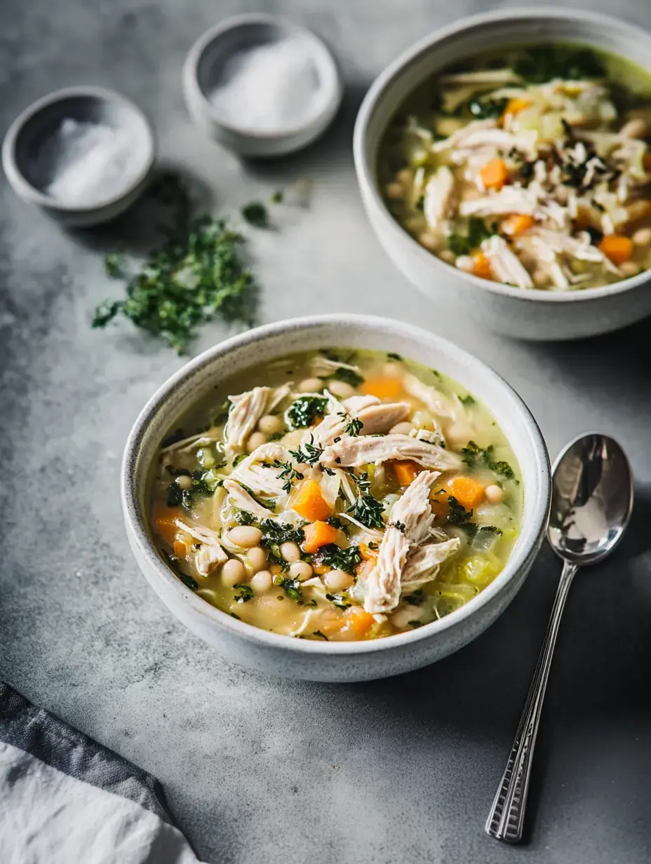 Dos platos de sopa de pollo repletos de pollo desmenuzado, zanahorias, hojas verdes y alubias blancas, con pequeños bowls de sal y tomillo fresco sobre la mesa.