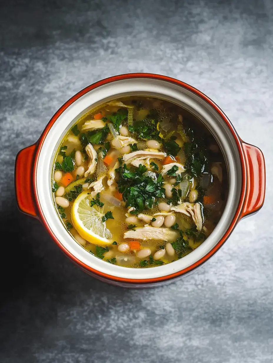Vista cercana de una sopa de pollo bien cargada con alubias blancas, vegetales, hierbas y rodaja de limón en una olla roja.