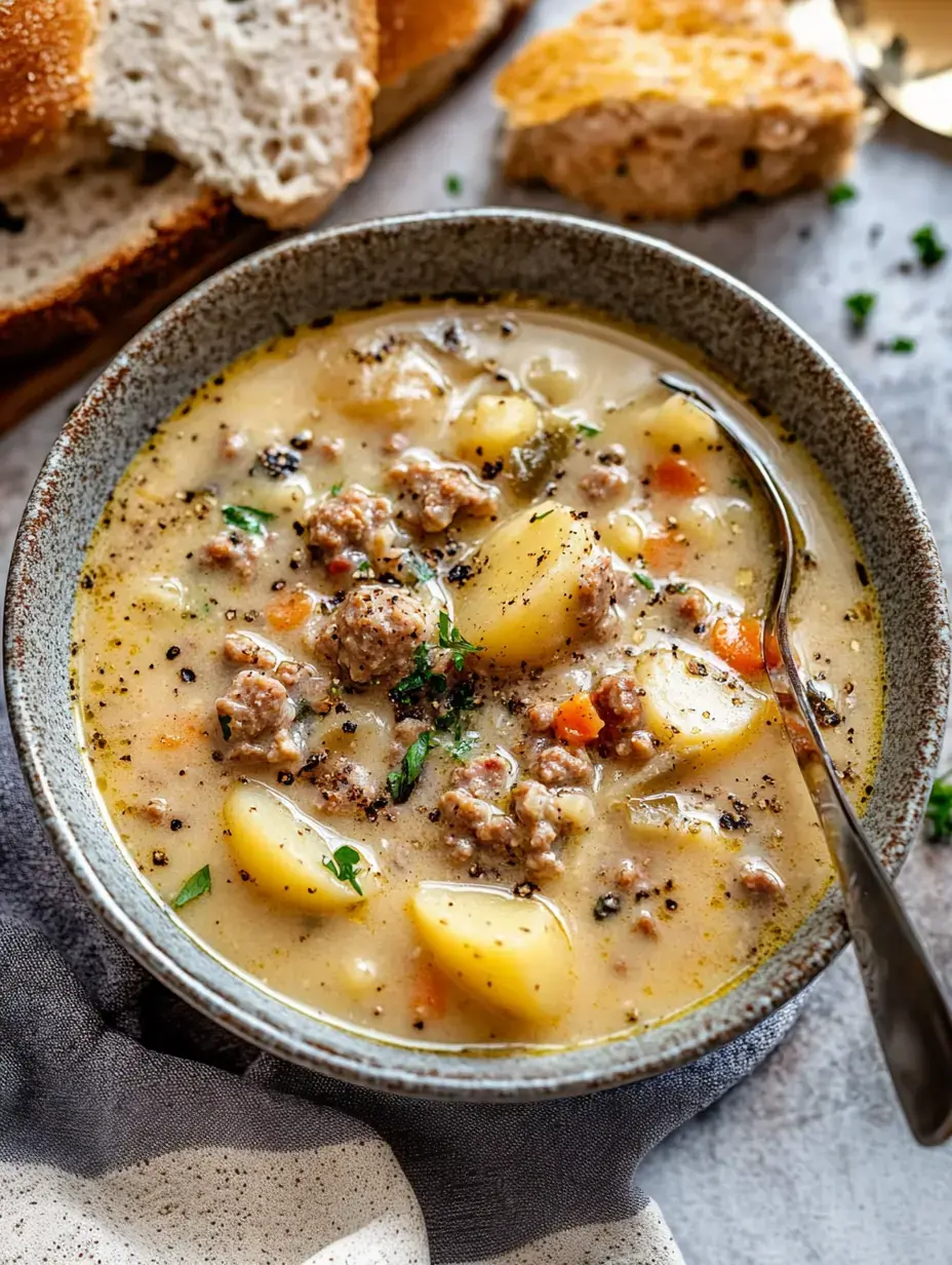 Un tazón de sopa espesa con patatas, carne picada y hierbas, rodeado de rebanadas de pan sobre una superficie con textura.