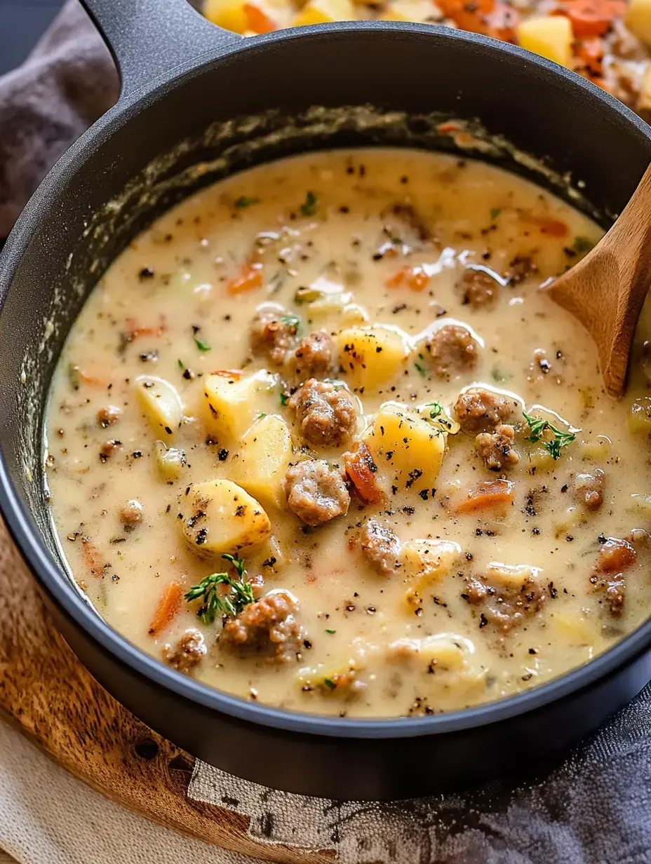 Una toma cercana de sopa cremosa de patata y chorizo en una olla negra, decorada con hierbas.