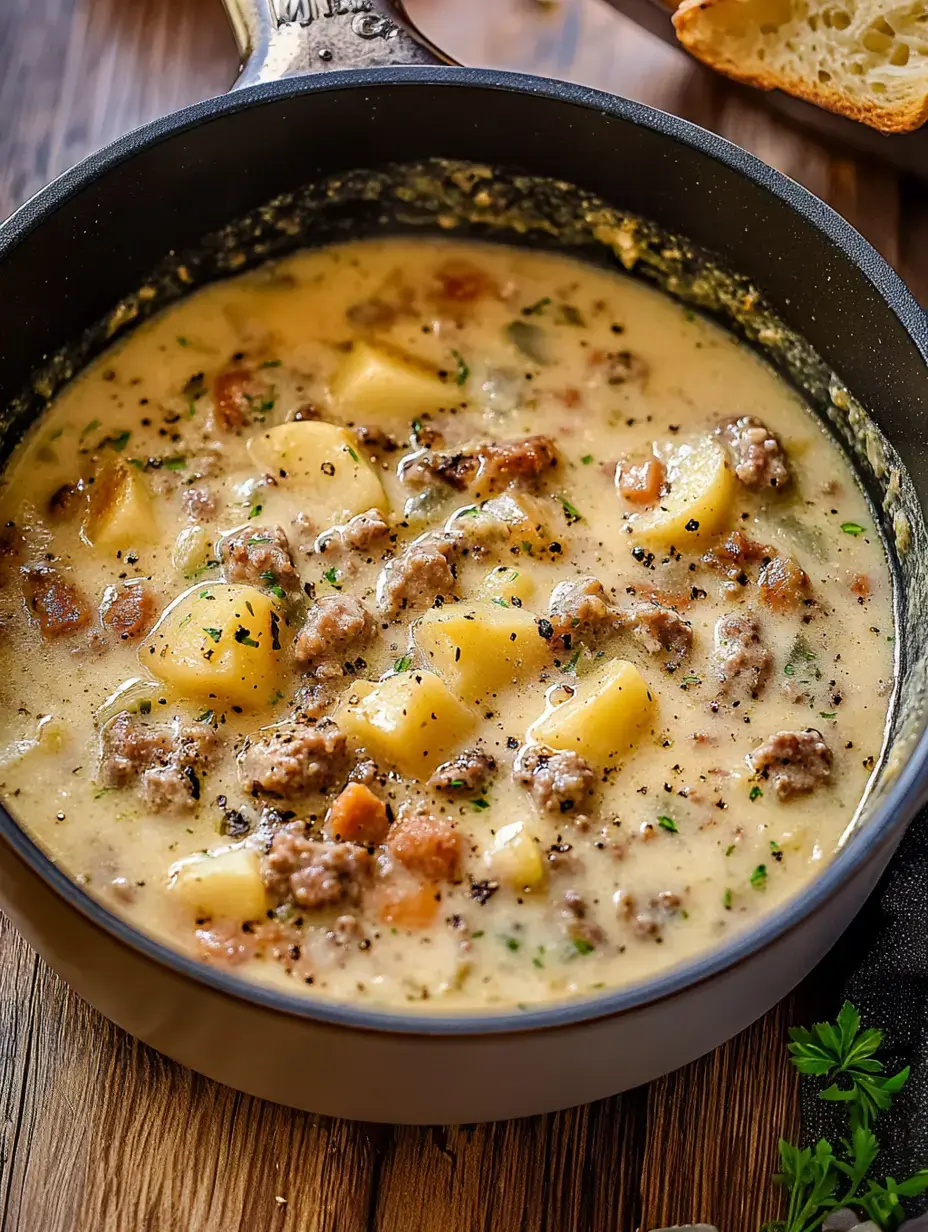 Una sopa cremosa con trozos de patata, carne picada y hierbas hirviendo en una olla negra sobre una superficie de madera.