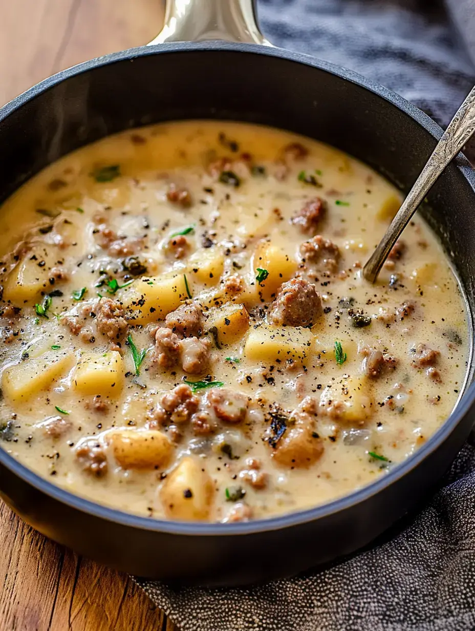 Cerca de una olla humeante de sopa de patata y chorizo con hierbas, sobre una mesa de madera.