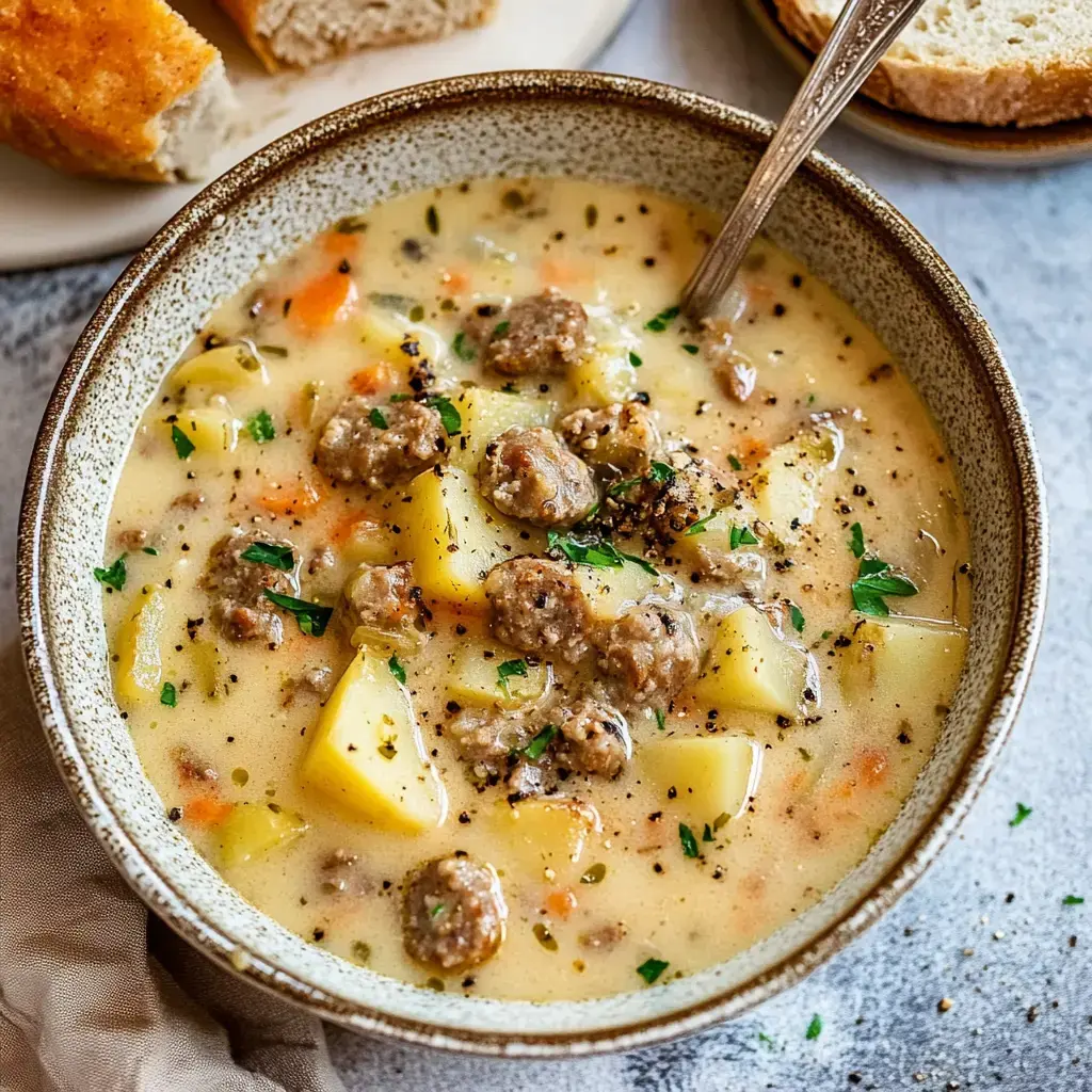 Un bol de sopa cremosa de patata y chorizo con hierbas y pan al lado.