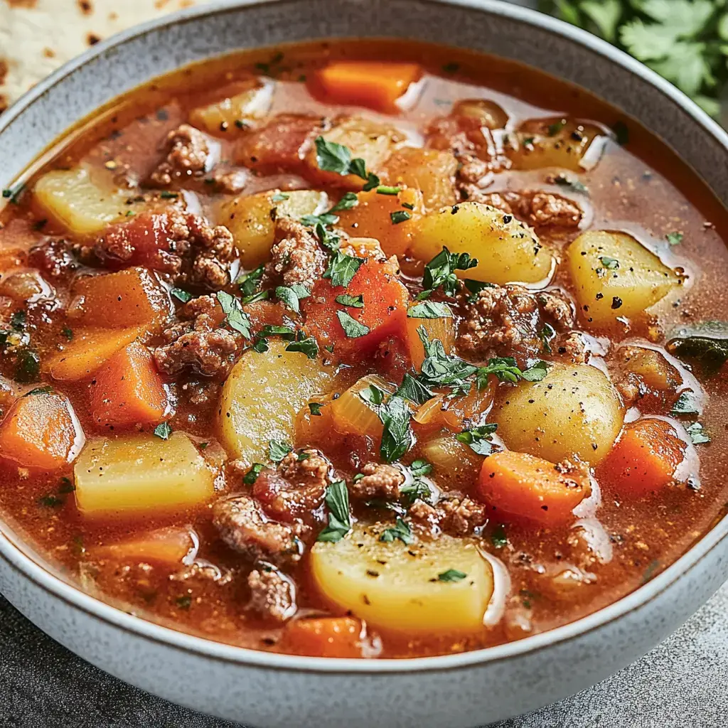 Un plato lleno de guiso con carne, verduras coloridas y hierbas frescas.