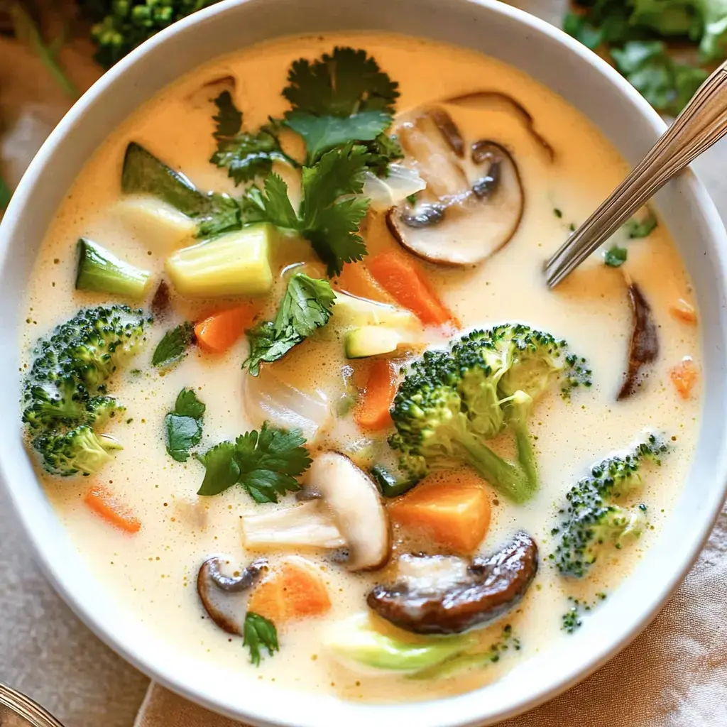 Un cuenco lleno de sopa cremosa con brócoli, zanahorias, champiñones y cilantro fresco.