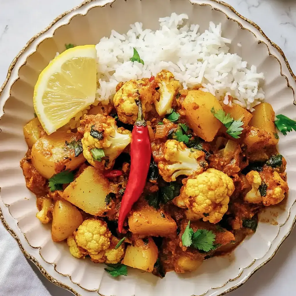 Un plato de curry de coliflor y papas, decorado con cilantro fresco, un chile rojo y una rodaja de limón, acompañado de arroz.