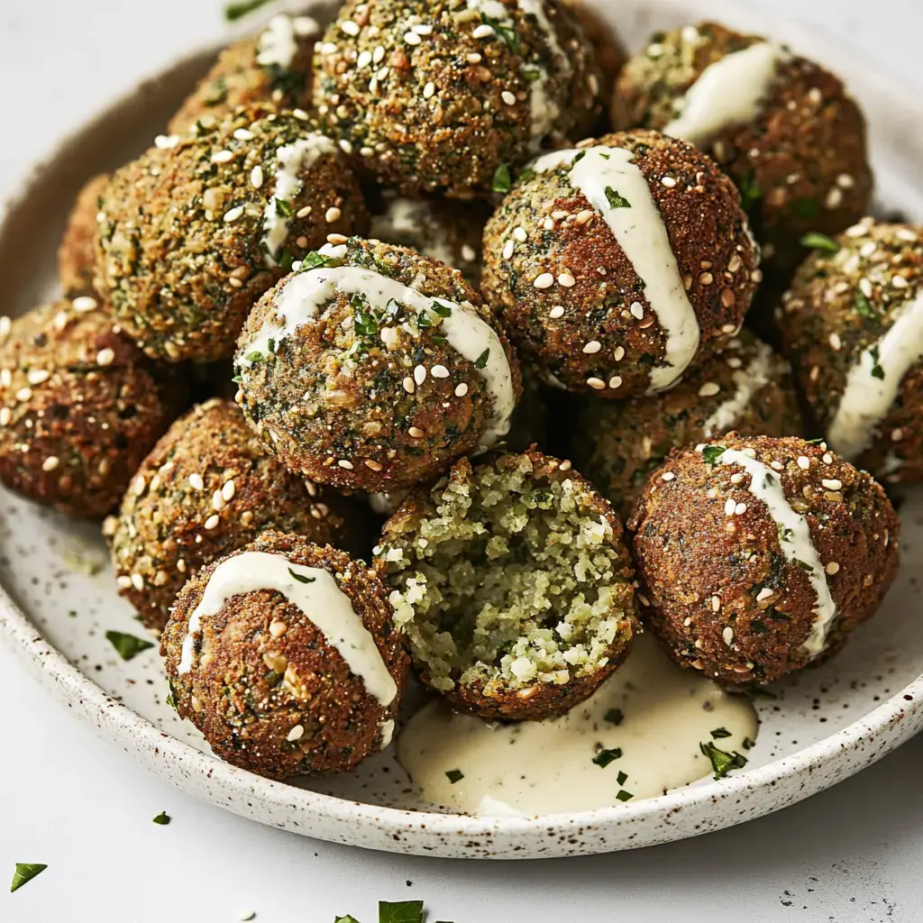 Un plato lleno de falafel dorados con semillas de sésamo, algunos cubiertos con salsa de mostaza, y uno partido a la mitad.