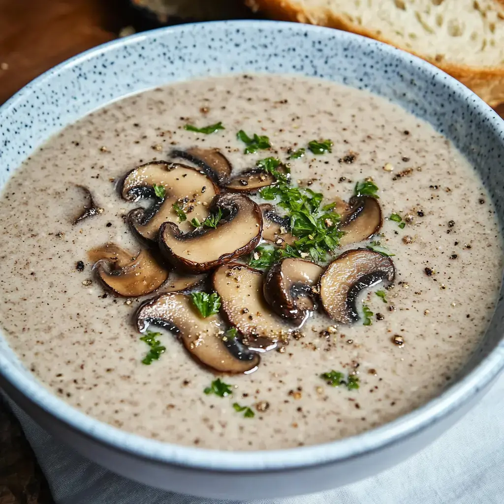 Un plato de sopa cremosa de champiñones con setas salteadas y hierbas frescas, decorado con pimienta.