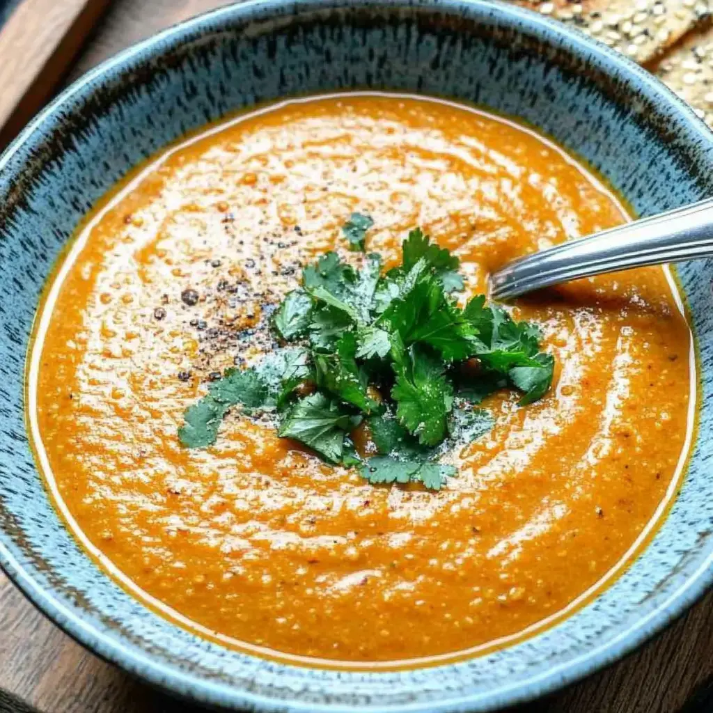 Sopa cremosa de color naranja con cilantro fresco y granos de pimienta negra en un tazón azul.
