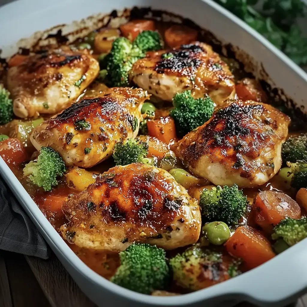 La foto muestra pechuga de pollo marinada con limón y hierbas, rodeada de vegetales como brócoli, zanahorias y guisantes en una bandeja para hornear.
