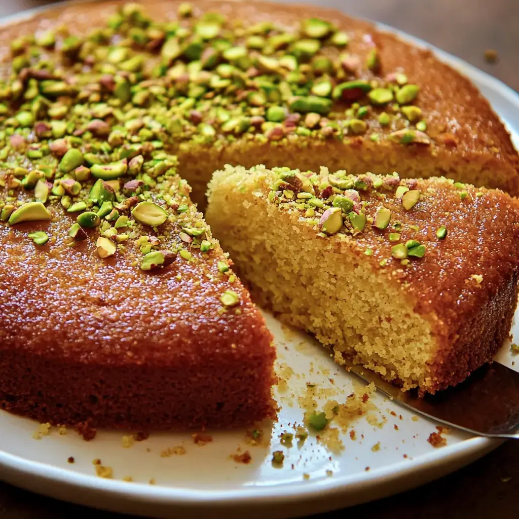 Un pastel redondo con trozos de pistacho, del cual falta una porción, presentado sobre un plato blanco.