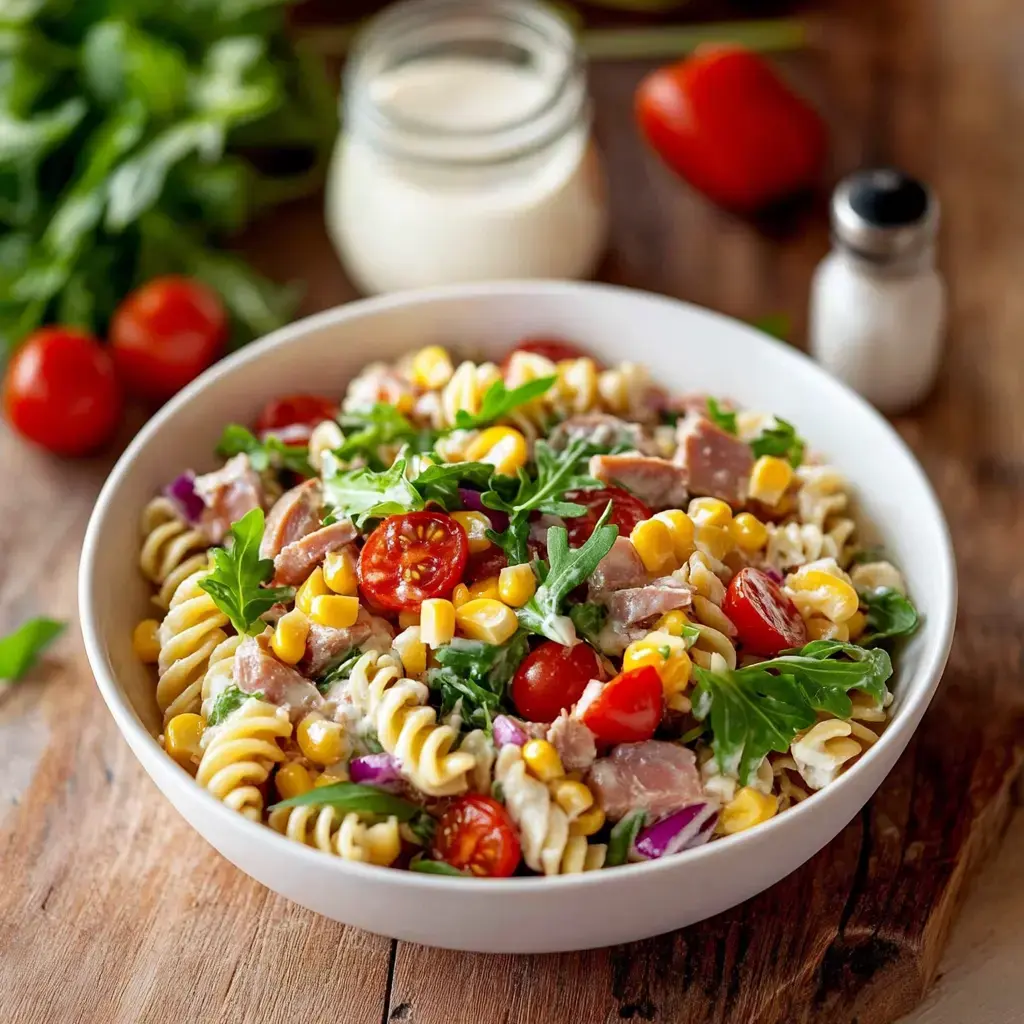 Una ensalada de pasta colorida con tomates, maíz, jamón y rúcula en un plato blanco.