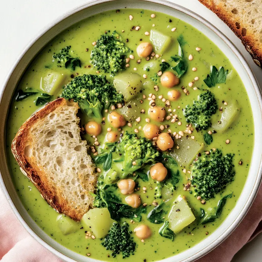 Un plato de sopa verde que incluye brócoli, patatas, garbanzos y pan tostado encima.