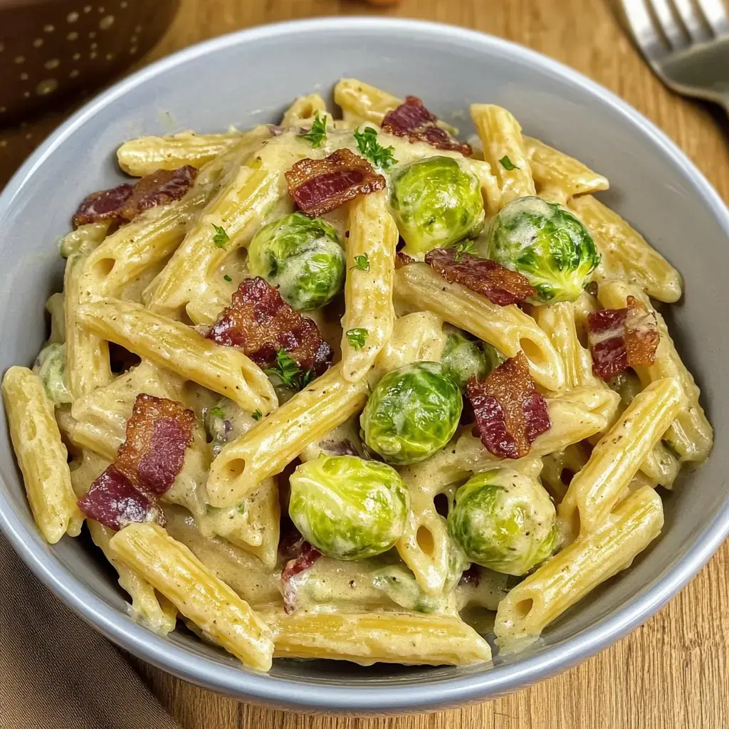 Un plato de pasta con tocino y coles en una salsa cremosa.