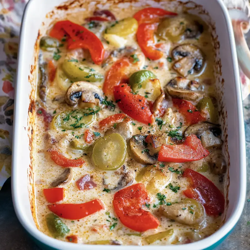 Un guiso horneado con salsa cremosa, cubierto con pimientos de colores, champiñones y hierbas frescas.